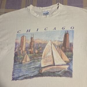 Vintage 90s Chicago City Art T Shirt XL Single Stitch Sail Boat 1991 Winterland